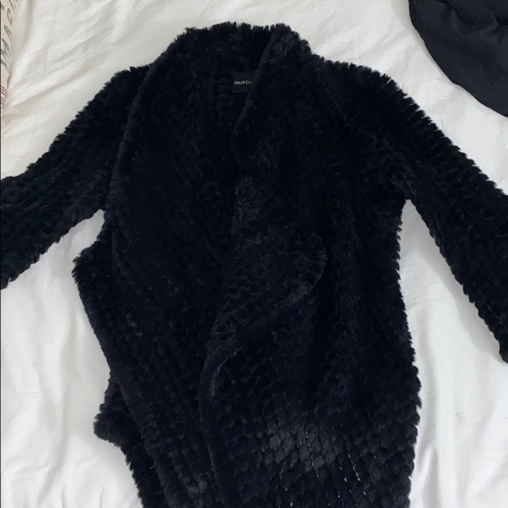 Dolce CaboBlack Faux Fur drape ,open sweater